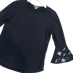 Reitmans Bell Flower Embroidered 3/4 Sleeves Black Top Women Size M